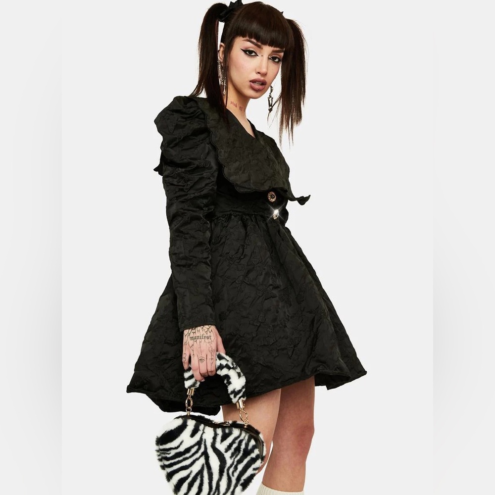 💔SOLD💔SISTER JANE Grange Jacquard Mini Dress Long Sleeve Rhinestone Button Black - Picture 5 of 14